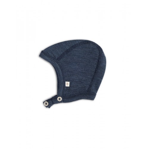 Baby Hjelm Med Trykknapper   100  økologisk Merino Uld  Tyk Kvalitet   Lag Stof 62 68 Navy Melange