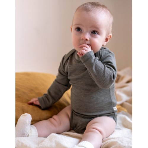 Body Med Lang ærme Og Amerikansk Lukning Til Baby   100  økologisk Merino Uld Light Brown Melange 56