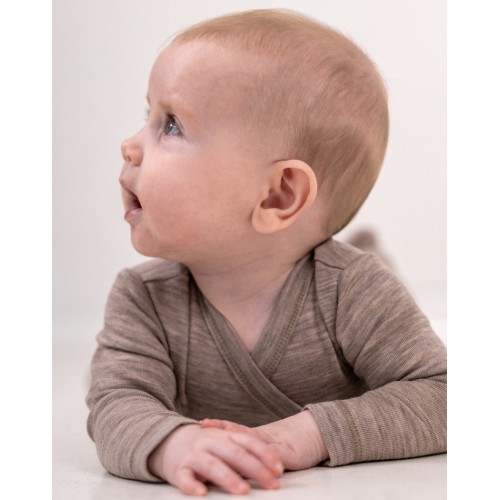 Body Med Lang ærme Og Slå Om Lukning Til Baby 100 økologisk Merino Uld Beige Melange 68