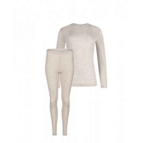 Damesæt 100 Merino Uld Langærmet -shirt Leggings 1x1 Rib Nature Melange