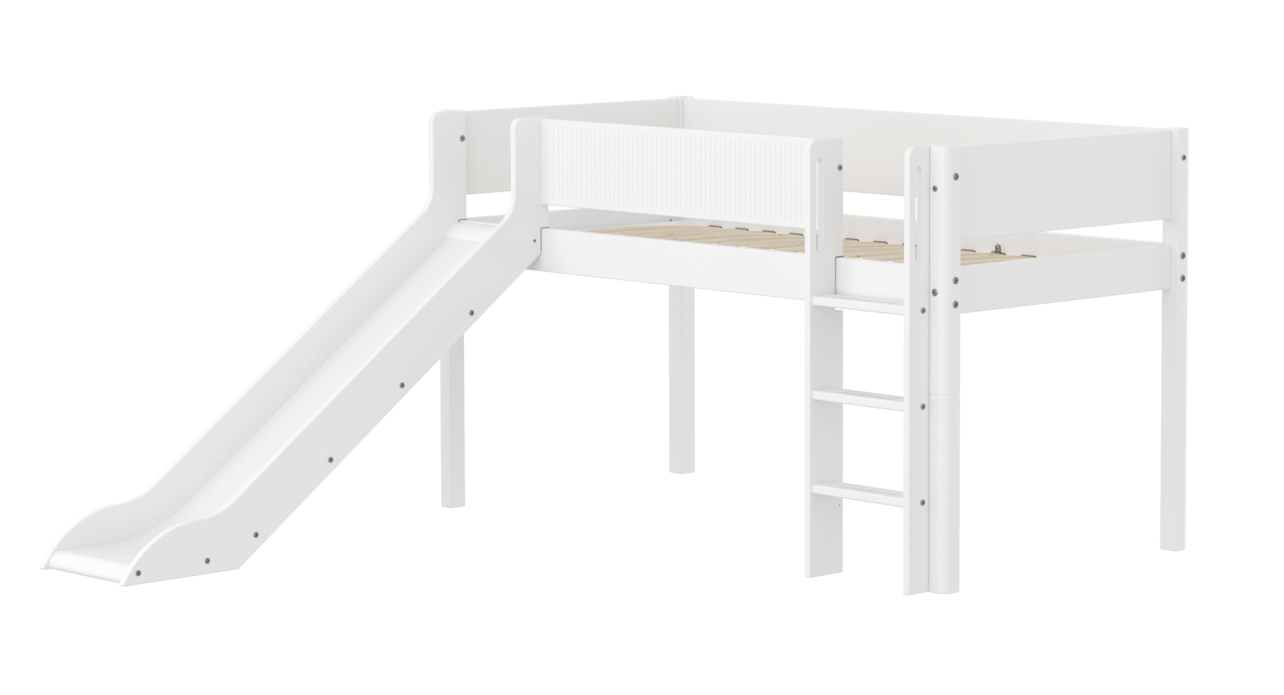 Flexa White Halvhøj Seng 120 Cm Med Rutchebane Stige Og Grooves Sengehest 90x200 Cm Hvid