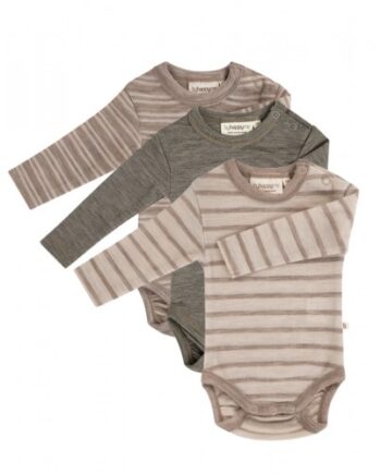 Body Med Lang ærme Og Rund Hals   100  økologisk Merino Uld Til Baby   -pak 56 Stribe: Beige Nature Melange