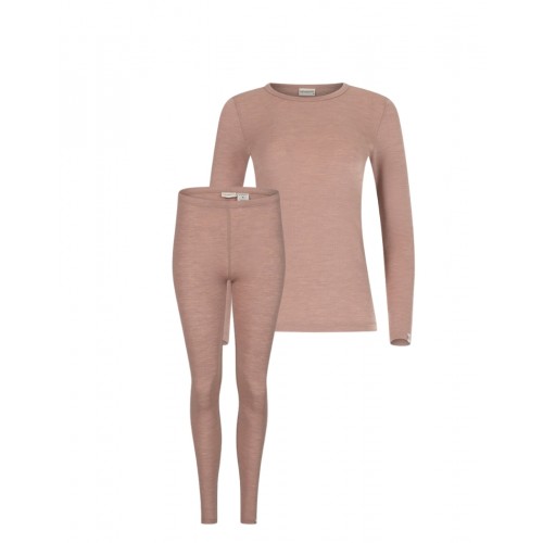 Damesæt 100 Merino Uld Langærmet -shirt Leggings 1x1 Rib Soft Rose