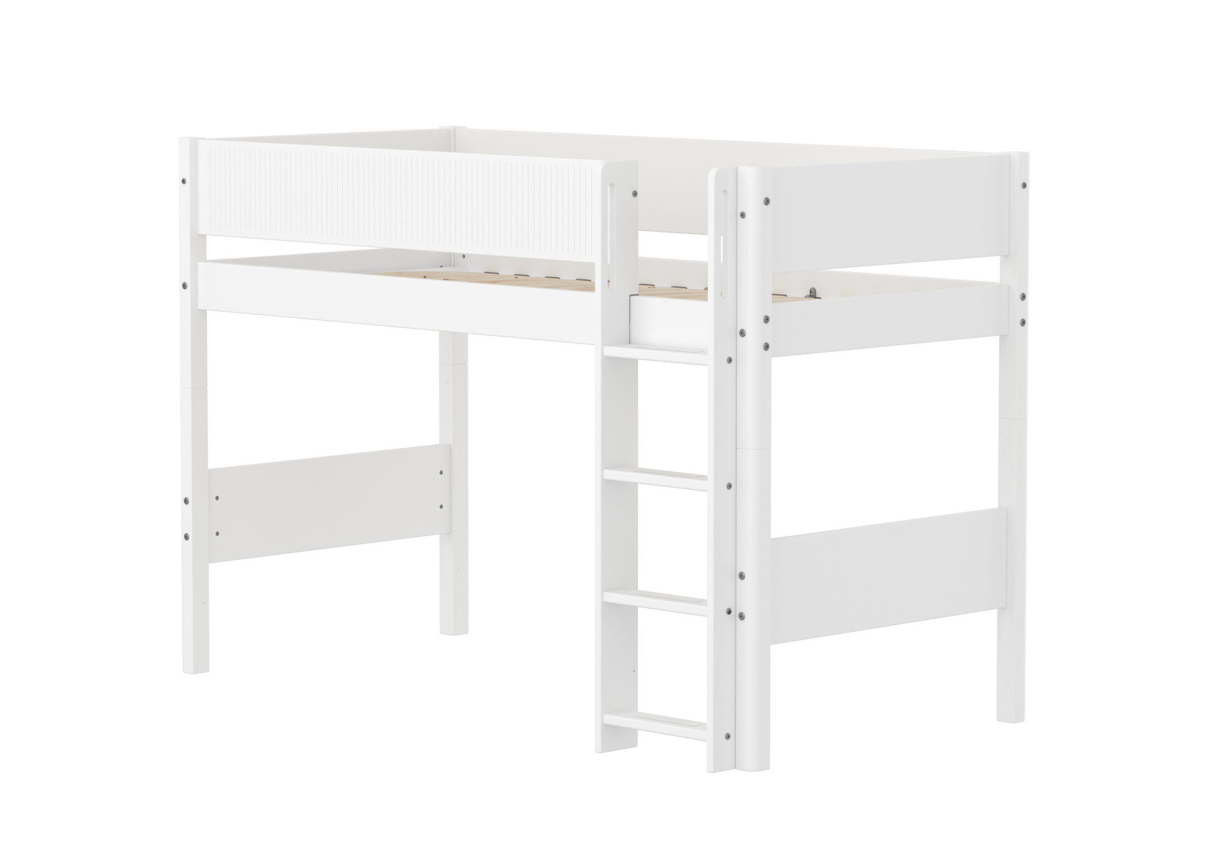 Flexa White Mellemhøj Seng 143 Cm Med Stige Og Grooves Sengehest 90x200 Cm- Hvid