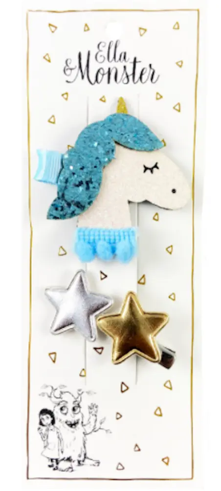 Hårclips Big Romantic Unicorn Star Blue