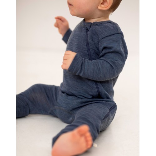 Heldragt 100 økologisk Merino Uld Med Lynlås Siden Til Baby Navy Melange 56