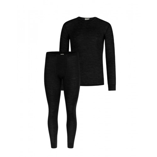 Herresæt 100 Merino Uld Langærmet -shirt Og Longjohns 1x1 Rib Black