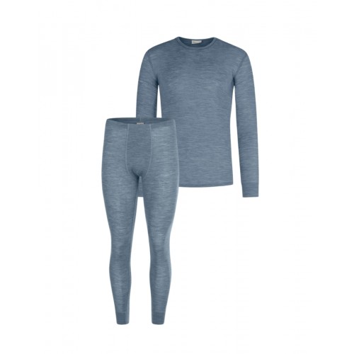Herresæt 100 Merino Uld Langærmet -shirt Og Longjohns 1x1 Rib Blue Melange