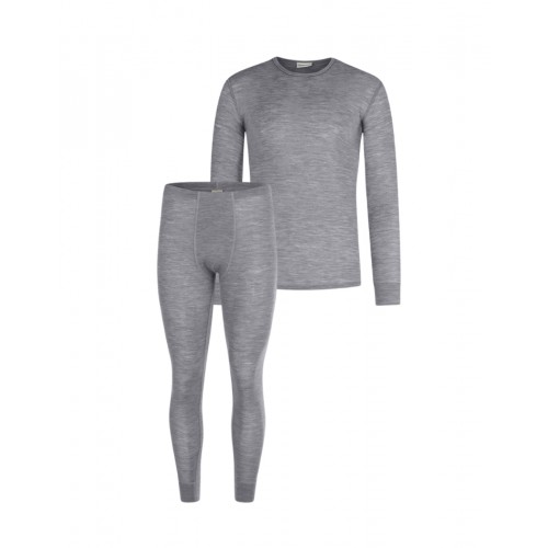 Herresæt 100 Merino Uld Langærmet -shirt Og Longjohns 1x1 Rib Grey Melange