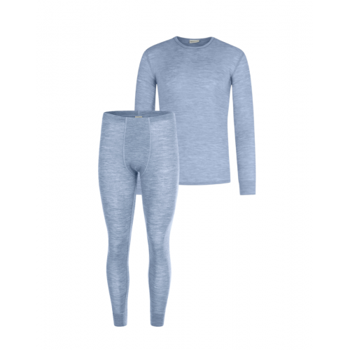 Herresæt 100 Merino Uld Langærmet -shirt Og Longjohns 1x1 Rib Light Blue Melange