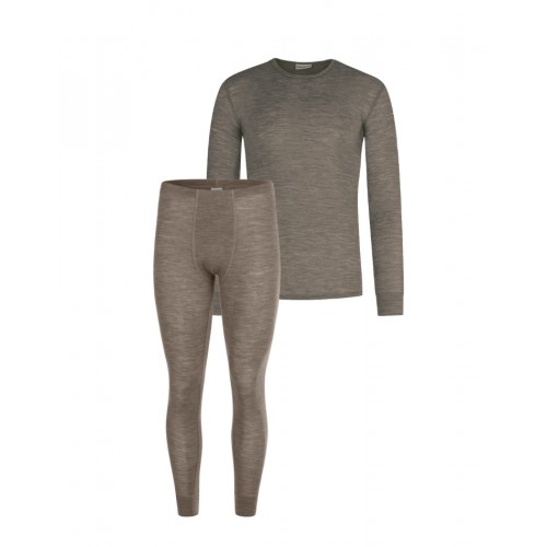 Herresæt 100 Merino Uld Langærmet -shirt Og Longjohns 1x1 Rib Light Brown Melange