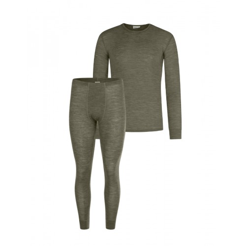 Herresæt 100 Merino Uld Langærmet -shirt Og Longjohns 1x1 Rib Moss Melange