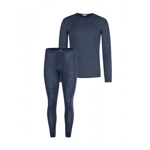 Herresæt 100 Merino Uld Langærmet -shirt Og Longjohns 1x1 Rib Navy Melange