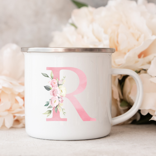 Kop Med Bogstav   Kop Med Initial Blomst  Lyserød