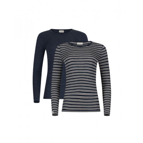 Langærmet -shirt Til Dame 100 Merino Uld 1x1 Rib -pak Nature Navy Melange