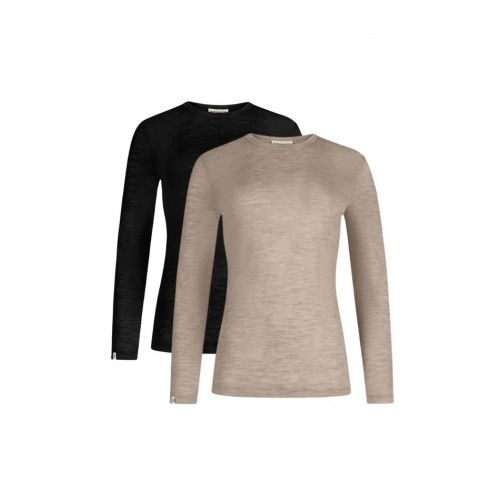 Langærmet -shirt Til Dame 100 Merino Uld 1x1 Rib -pak Xs Black Beige Melange