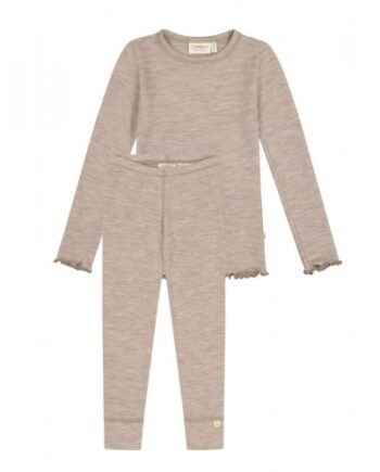 Pigesæt   100  Merino Uld  Oeko-texâ  Langærmet  -shirt   Leggings 86 92 Beige Melange