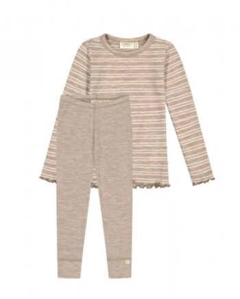 Pigesæt   100  Merino Uld  Oeko-texâ  Langærmet  -shirt   Leggings 86 92 Stribe: Beige Nature Melange