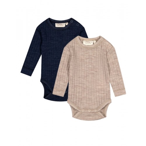 Rib Body Med Rund Hals Og Knapper 100 Merino Uld Oeko-texâ -pak 62 Beige Navy Melange
