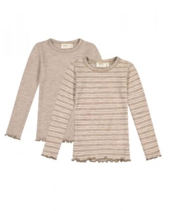 -shirt Med Lange ærmer   100  Merino Uld  Oeko-texâ   -pak 98 104 Stribe: Beige Nature Melange