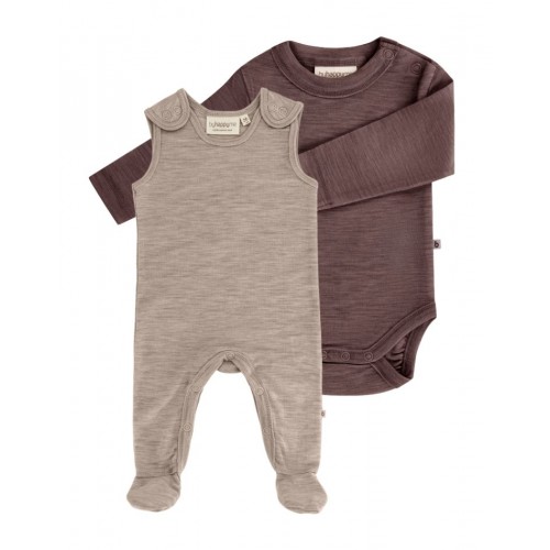 -pak Uldpakke Til Baby  Romper Med Fødder   Body Med Knap   100  Merinould 56 Dusty Fig