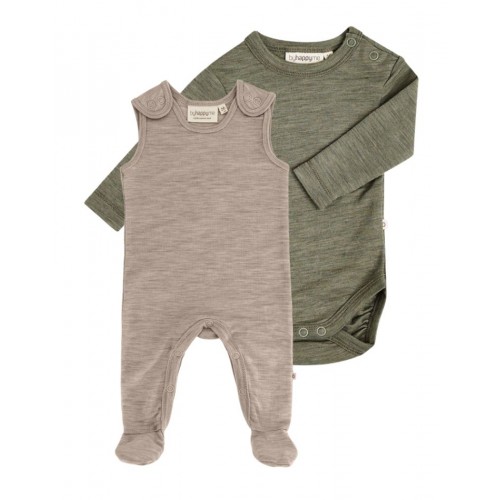 -pak Uldpakke Til Baby  Romper Med Fødder   Body Med Knap   100  Merinould 56 Moss Sand