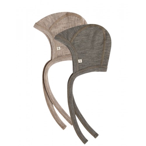 Baby Hjelm Med Snor   100  økologisk Merino Uld  Tynd Kvalitet   Lag Stof   -pak 62 68 Light Brown Melange