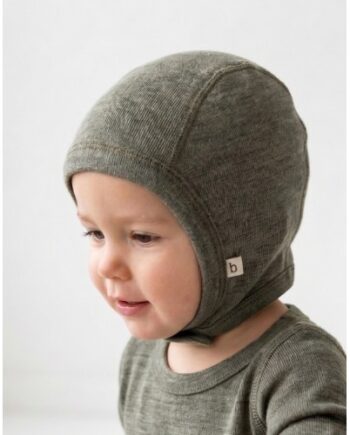 Baby Hjelm Med Trykknapper   100  økologisk Merino Uld  Tynd Kvalitet   Lag Stof 50 56 Moss Melange