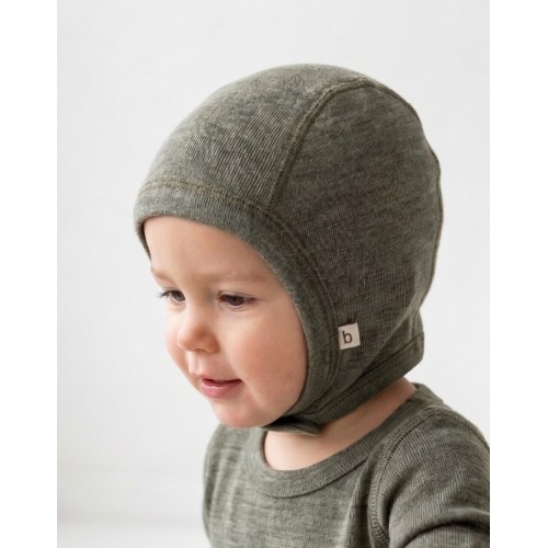 Baby Hjelm Med Trykknapper   100  økologisk Merino Uld  Tynd Kvalitet   Lag Stof 50 56 Moss Melange