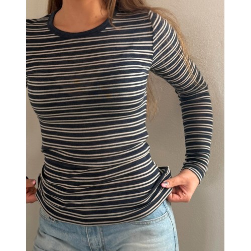 Langærmet -shirt Til Dame 100 Merino Uld 1x1 Rib Navy Nature Melange