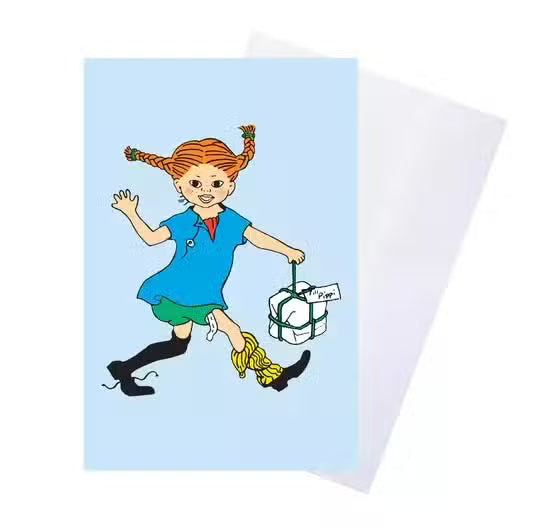 Pippi Langstrømpe Fødselsdagskort Lyseblå