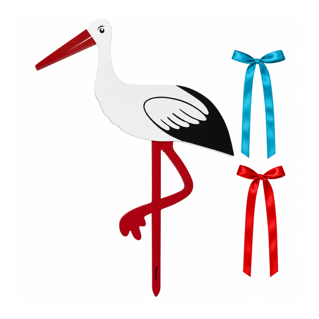 Stor Fødselsstork 80 Cm Med Rødt Og Blåt Bånd