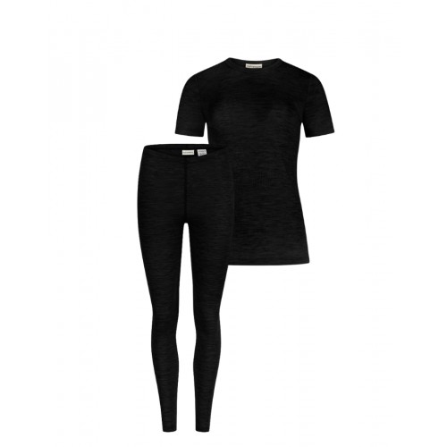 Damesæt   100  Merino Uld  Kort ærme Og Leggings  1x1 Rib Black
