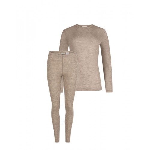 Damesæt   100  Merino Uld  Langærmet  -shirt   Leggings  1x1 Rib Beige Melange