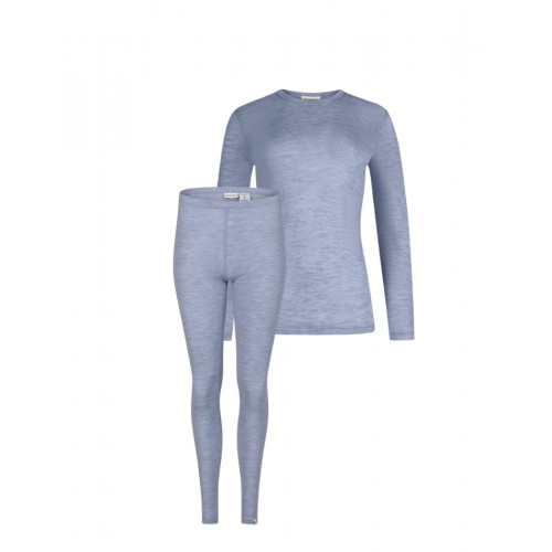 Damesæt   100  Merino Uld  Langærmet  -shirt   Leggings  1x1 Rib   Light Blue Melange