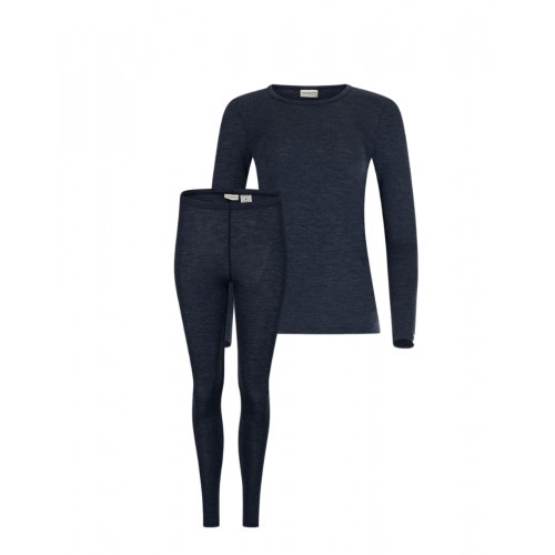 Damesæt   100  Merino Uld  Langærmet  -shirt   Leggings  1x1 Rib Navy Melange