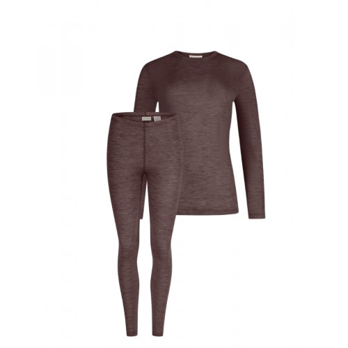 Damesæt   100  Merino Uld  Langærmet  -shirt   Leggings  1x1 Rib Plum Melange
