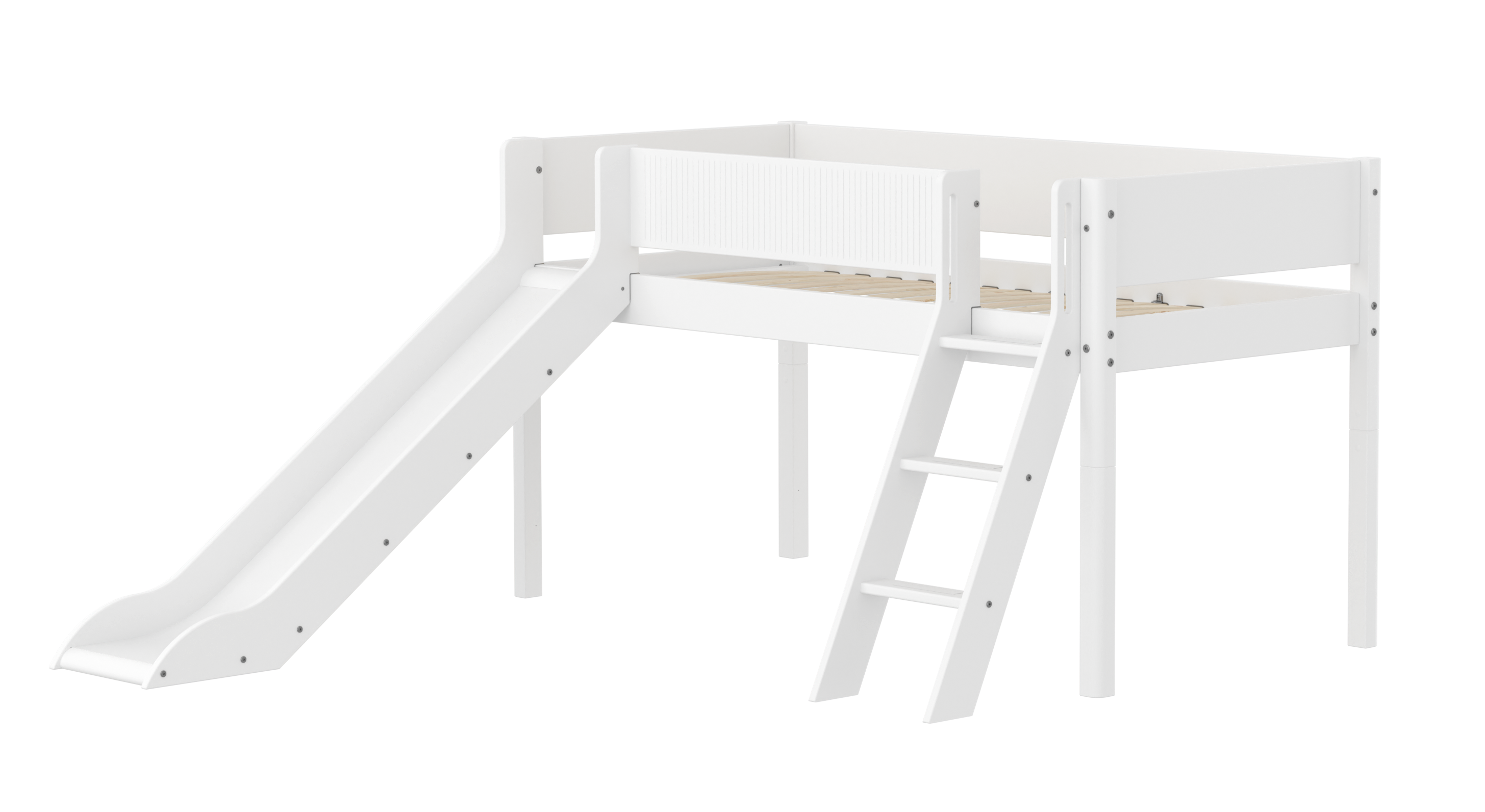 Flexa White Halvhøj Seng 120 Cm Med Rutchebane  Skrå Stige Og Grooves Sengehest 90x200 Cm Hvid