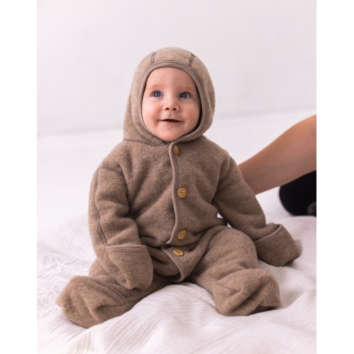 Heldragt Med Hætte Og Knapper   100  Merino Uldfleece  Oeko-texâ  Beige Melange 62 68 Beige Melange
