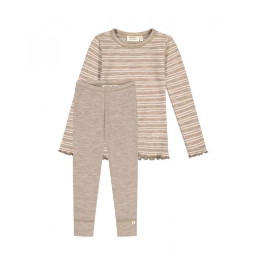 Pigesæt   100  Merino Uld  Oeko-texâ  Langærmet  -shirt   Leggings 86 92 Stribe: Beige Nature Melange