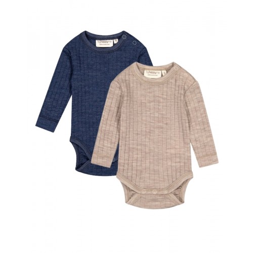 Rib Body Med Rund Hals Og Knapper   100  Merino Uld  Oeko-texâ   -pak 56 Beige Navy Melange