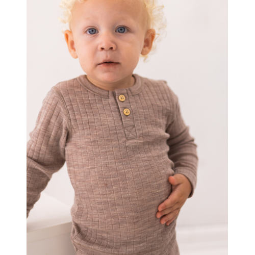 Rib  -shirt Med Lange ærmer Og Knapper Foran   100  Merino Uld  Oeko-texâ  Beige Melange 80