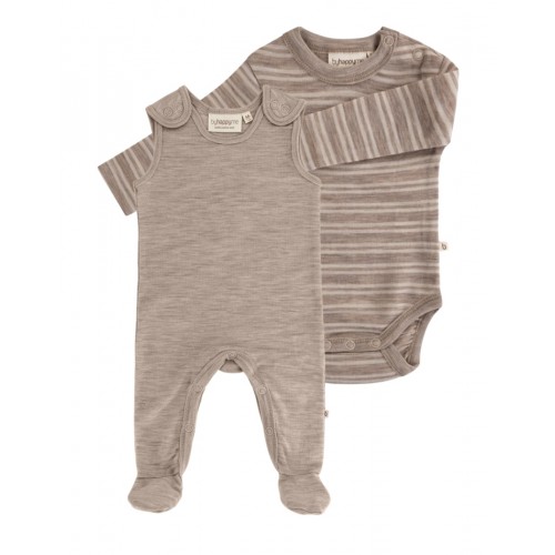 -pak Uldpakke Til Baby  Romper Med Fødder   Body Med Knap   100  Merinould 56 Beige Melange Stribe Beige