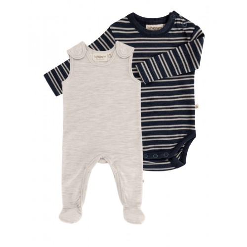 -pak Uldpakke Til Baby  Romper Med Fødder   Body Med Knap   100  Merinould 56 Nature Melange Navy Stribe