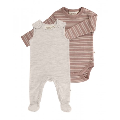 -pak Uldpakke Til Baby  Romper Med Fødder   Body Med Knap   100  Merinould 56 Nature Melange Soft Rose Stribe